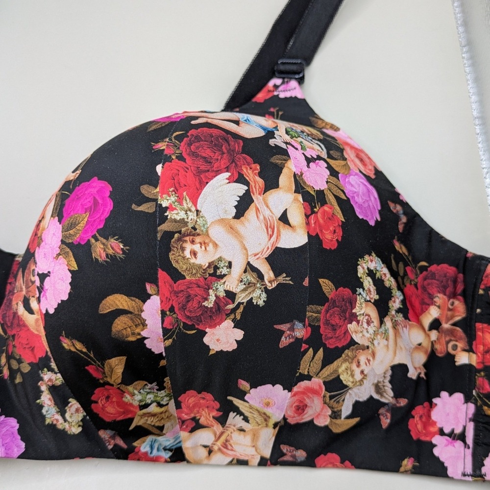 Torrid 360 Smoothing Wire-Free Bra Black Floral Cherub Angel Print Women 42D - Picture 3 of 9